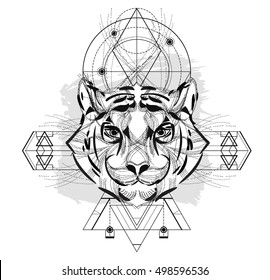 Animal head triangular icon , geometric trendy line design. Vector illustration ready for tattoo or adult relax anti stress coloring book. Tiger head low-poly sketch hand drawn