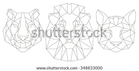 Animal head triangular icon , geometric trendy line design. Vector illustration ready for tattoo or coloring book. Lion, tiger, puma.