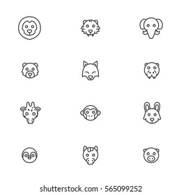 animal head vector cute line icons set