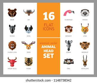 Animal head vector icon set. Cute wild cartoon animals, bear, monkey, lion, elephant, fox. Wildlife concept. Can be used for topics like mammals, zoo, safari, nature