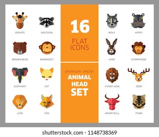 Animal head vector icon set. Cute wild cartoon animals, bear, monkey, lion, elephant, fox. Wildlife concept. Can be used for topics like mammals, zoo, safari, nature