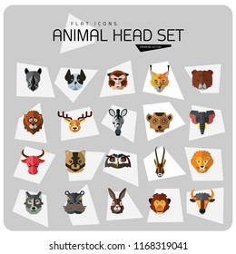 Animal head vector icon set. Cute wild cartoon animals, bear, monkey, lion, elephant, fox. Wildlife concept. Can be used for topics like mammals, zoo, safari, nature