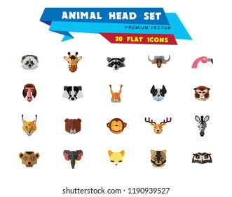 Animal head vector icon set. Cute wild cartoon animals, bear, monkey, lion, elephant, fox. Wildlife concept. Can be used for topics like mammals, zoo, safari, nature