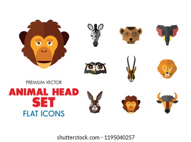 Animal head vector icon set. Cute wild cartoon animals, bear, monkey, lion, elephant, fox. Wildlife concept. Can be used for topics like mammals, zoo, safari, nature