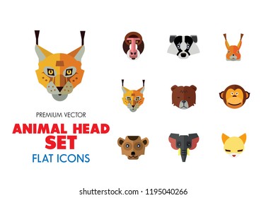 Animal head vector icon set. Cute wild cartoon animals, bear, monkey, lion, elephant, fox. Wildlife concept. Can be used for topics like mammals, zoo, safari, nature