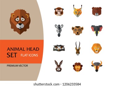 Animal head vector icon set. Cute wild cartoon animals, bear, monkey, lion, elephant, fox. Wildlife concept. Can be used for topics like mammals, zoo, safari, nature