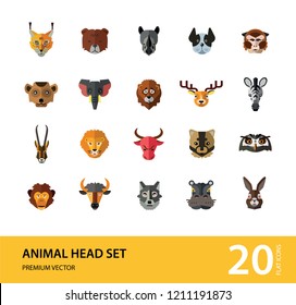 Animal head vector icon set. Cute wild cartoon animals, bear, monkey, lion, elephant, fox. Wildlife concept. Can be used for topics like mammals, zoo, safari, nature