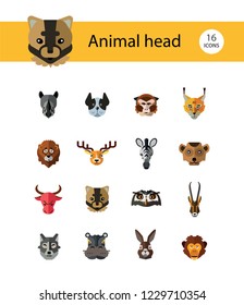 Animal head vector icon set. Cute wild cartoon animals, bear, monkey, lion, elephant, fox. Wildlife concept. Can be used for topics like mammals, zoo, safari, nature