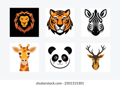 "Conjunto de Vector de cabeza de animal: dibujos animados, Clipart, diseño de arte de línea - perfecto para impresión y uso digital".






