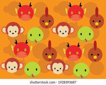 Animal Head Zodiac Set Dragon Snake Monkey Chicken Seamless Background