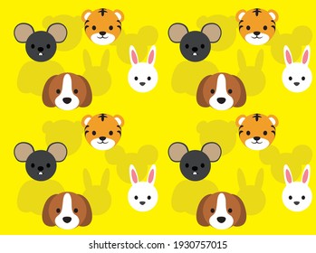Animal Head Zodiac Set Tiger Rat Dog Rabbit Seamless Background