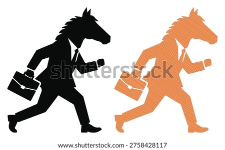 Animal headed professional sprinting to work, corporate hurry concept, career race design