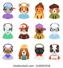 Animal in headphones vector animalistic character cat or dog in earphones listening to music illustration set of cartoon wild doggy and kitty dj in headgear or earbuds isolated on white background