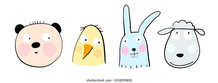 Animal heads of bear sheep rabbit and duck set. Hand drawn simple doodle style cartoon for kids. Vector illustration of beautiful mammals.