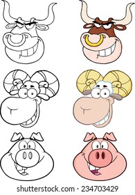 Animal Heads Cartoon Characters. Vector Collection Set