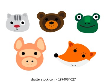 animal heads cat, bear, frog, fox, pig. vector
