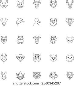 Animal Heads Cute Cartoon Line Art Icon Set Collection