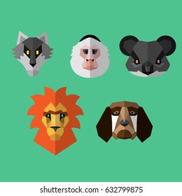 Animal heads in flat style. Wolf, monkey, koala, lion and dog.