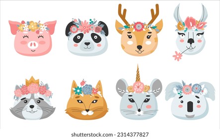 Animal heads in flower crowns set. Cute vector illustration for children design, poster, birthday greeting cards.