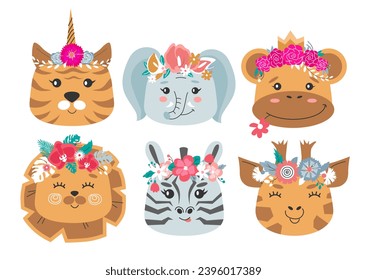 Animal heads in flower crowns set. Cute tiger,elephant, monkey, zebra, lion, giraffe. vector illustration for children design, poster, birthday greeting cards.