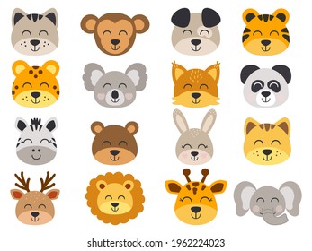 Animal heads illustrations set.  Cute faces. Big animal set. Hand drawn characters. Vector illustration