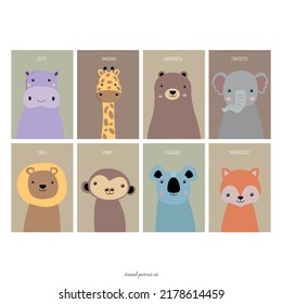 Animal heads illustrations set. Cute cartoon animal, giraffe, rhino, bear, elephant, lion, monkey, koala and fox flat style vector illustrations. Vector clipart collection of cute animals characters.
