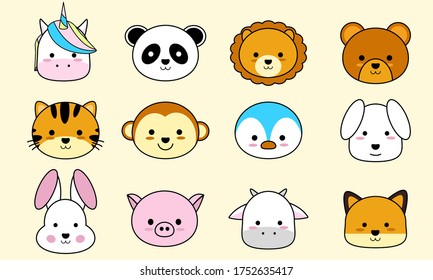 Animal heads illustrations set. Vector illustration of cute mammals.