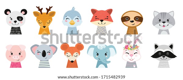 Animal heads illustrations set. Vector illustration of\
beautiful mammals. 