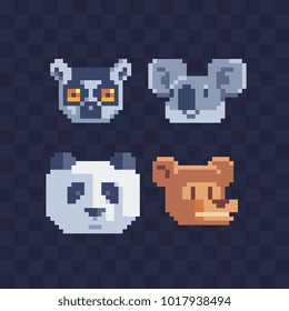 Animal heads isolated vector illustration. Ferret, koala, panda, and bear pixel art set. Video game assets 8-bit sprite sheet. Element design for stickers, logo, embroidery, mobile app. 