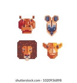 Animal heads isolated vector illustration hippopotamus lion mouse and llama pixel art set. Video game assets 8-bit sprite sheet. Element design for stickers, logo, embroidery, mobile app. 