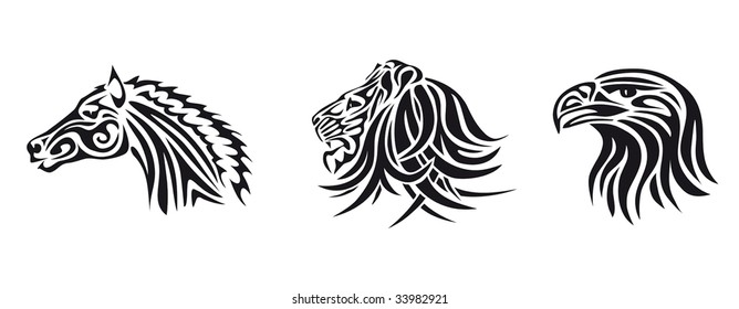 animal heads of lion, horse, eagle,  isolated illustration