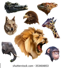 Animal heads, low poly style icons set