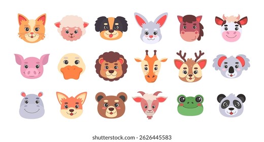 Animal heads on isolated background. Vector collection in a flat style