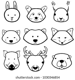 Animal heads on white background in cartoon style