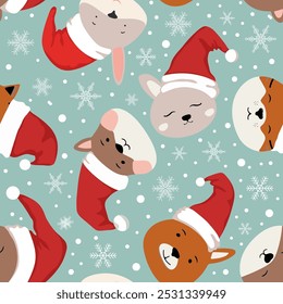 Animal heads seamless pattern. Christmas background with cute animals in Santa hats. Vector illustration for wallpaper, wrapping paper, print for clothing, covers