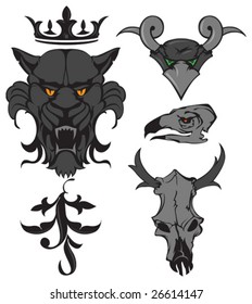 Animal heads and skulls with crown and ornament. Vector Illustration.