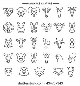 Animal heads in thin line style icons set vector illustration.