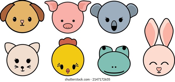 Animal Heads Vector Illustration Dog Cat Frog Rooster Pig Rabbit Panda on white background.