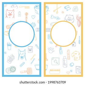 Animal health advertising flyer template. Vector illustration with pattern background and frame for vet pets, zoo, grooming.