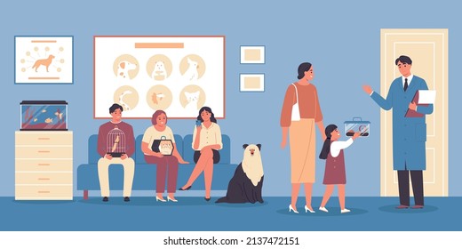Animal Health Care Flat Background With People Holding Sick Cats And Dogs In Arms Waiting Their Turn At Vet Office Vector Illustration