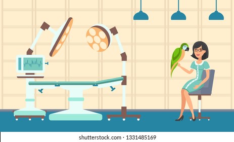 Animal Health Care Flat Vector Color Illustration. Woman with Parrot in Veterinary Examination room. Pet Lover and Hand Bird Cartoon Character. Animal Hospital Interior. Pet Health Care Center