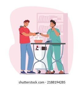 Animal Health Care And Medicine Concept, Vet Clinic Doctor Working And Caring Of Pets. Man Owner With Rats In Cage on Appointment In Veterinary Hospital. Cartoon People Vector Illustration