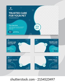 Animal Health care and web banner template. Promotion banner design for live business workshop. Video cover for the pet care. Pet clinic social media pet service vector layout.