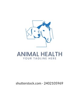 Animal Health Logo. Combination logo featuring a dog, horse and a health symbol. Simple and modern, suitable for animal farming industry, pets, pet shops etc.