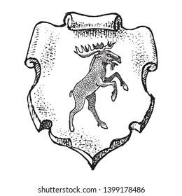 Animal for Heraldry in vintage style. Engraved coat of arms with Moose, mythical creature. Medieval Emblems and the logo of the fantasy kingdom