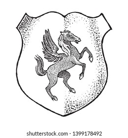 Animal for Heraldry in vintage style. Engraved coat of arms with Pegasus, mythical creature. Medieval Emblems and the logo of the fantasy kingdom