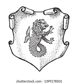 Animal for Heraldry in vintage style. Engraved coat of arms with lion fish, mythical creature. Medieval Emblems and the logo of the fantasy kingdom