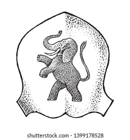 Animal for Heraldry in vintage style. Engraved coat of arms with elephant, mythical creature. Medieval Emblems and the logo of the fantasy kingdom