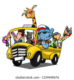 Animal Herd Goes to School with School Bus Cartoon Vector