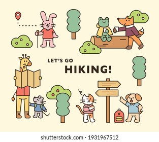 Animal hiking poster. Cute animals are traveling through the forest. flat design style minimal vector illustration.